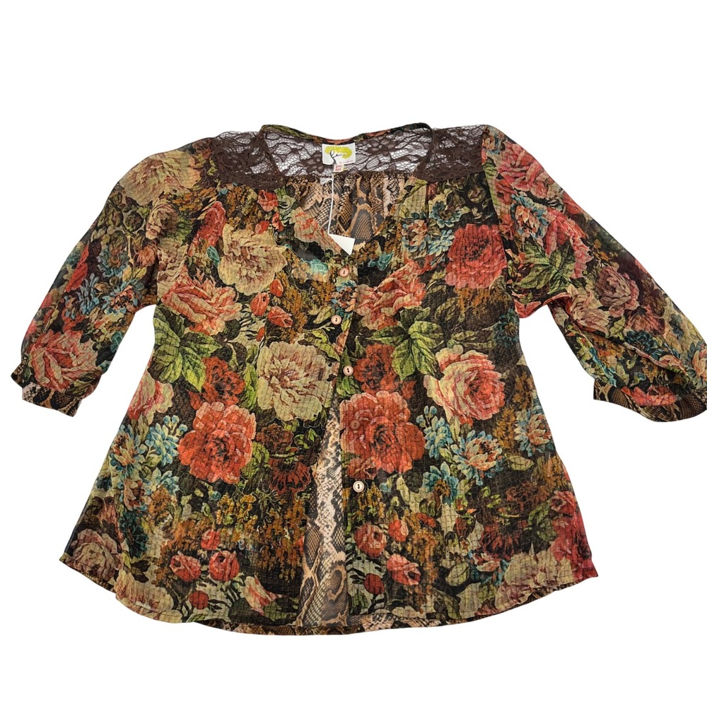 Fig and Flower Womens PS Floral Snakeskin Mixed Print Lace Trim Blouse‎ Brown PS